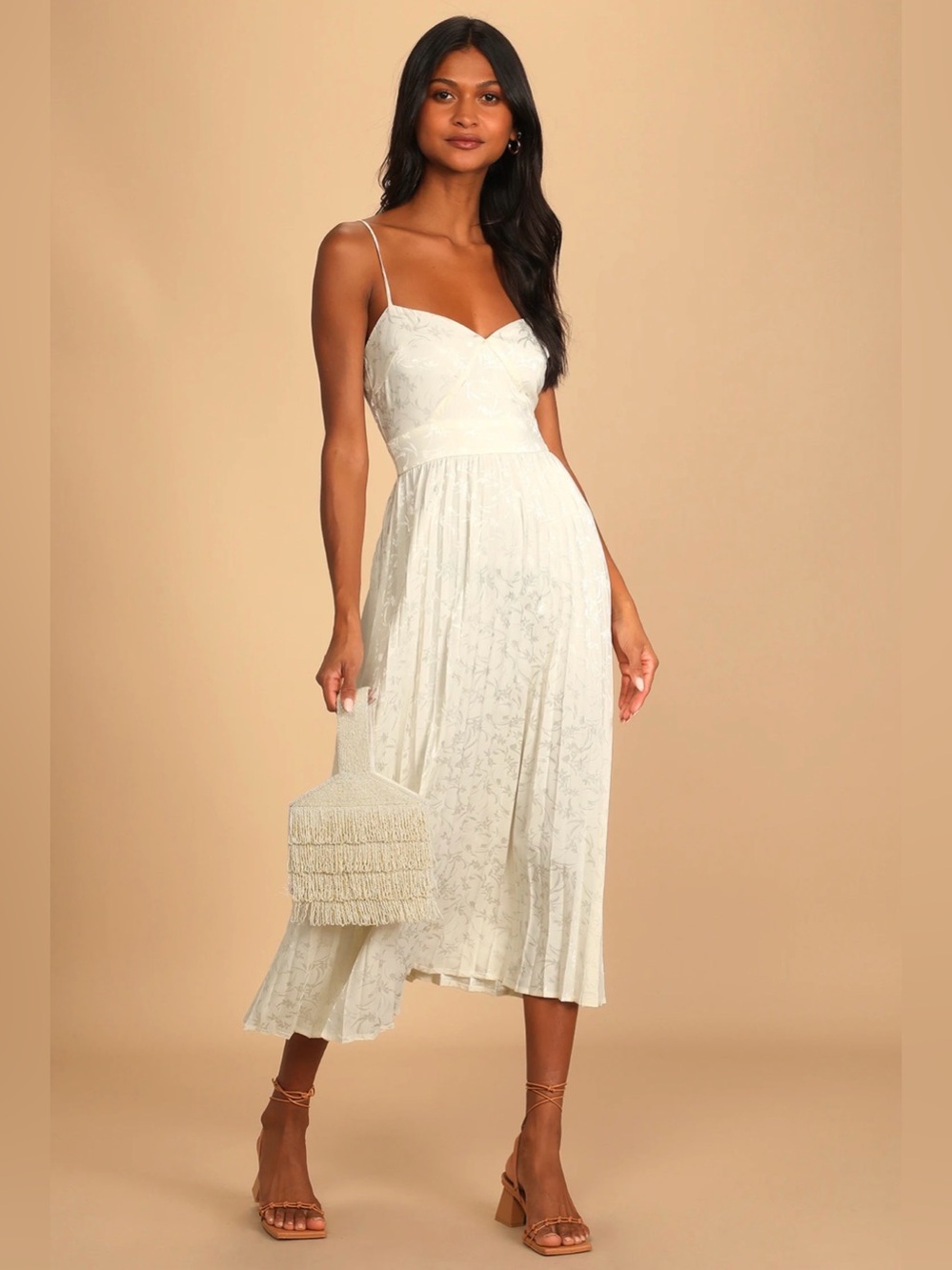 Lulus Regal Romance Ivory Floral Jacquard Pleated Satin Midi Dress White